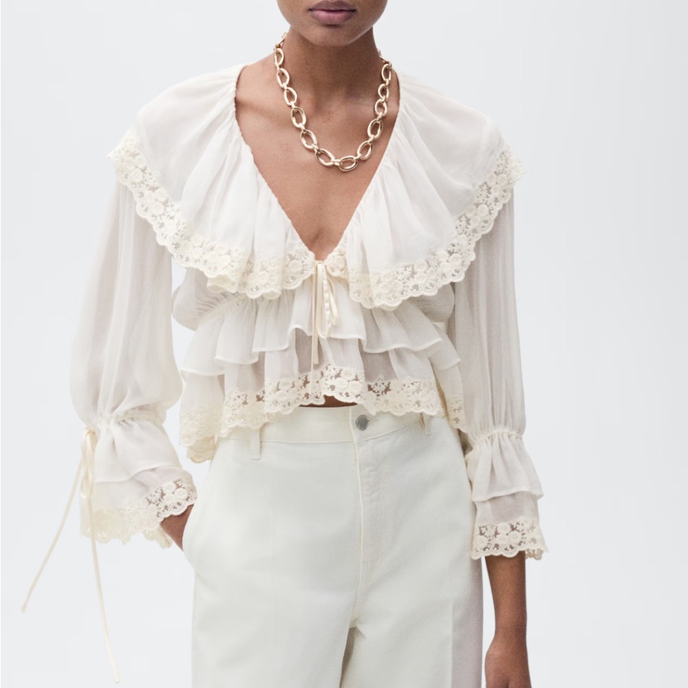 Mango Cream Ruffled Lace Blouse